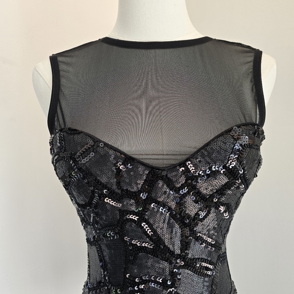 NWT Dress the Population Black Sequin Bodycon Mini Dress Mesh Neckline V Back XS - Picture 2 of 14